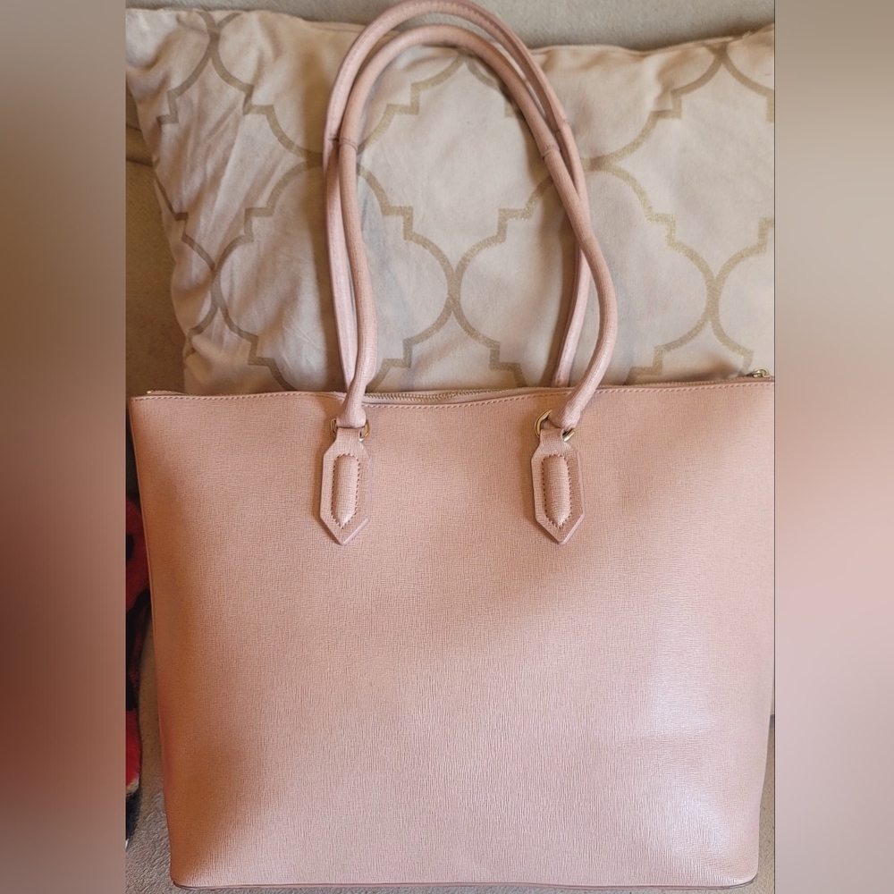 Furla Leather Tote Bag Pink Zip Up Saffino Leather Bottom Studs Large Structured - Picture 2 of 16